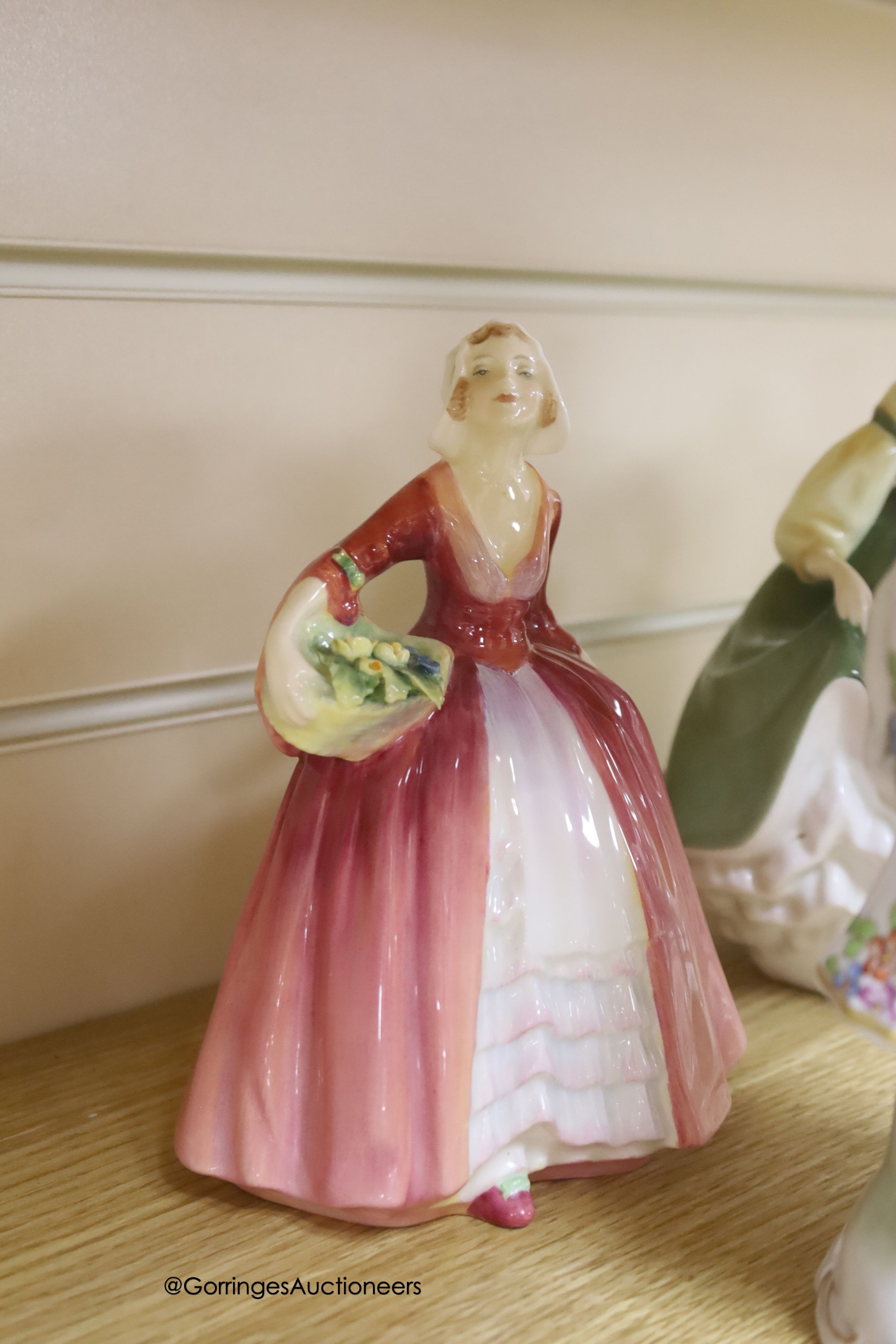 A collection of 20th century Sitzendorf, Dresden and Doulton porcelain figures, tallest 21cm and a pair of Murano glass figures